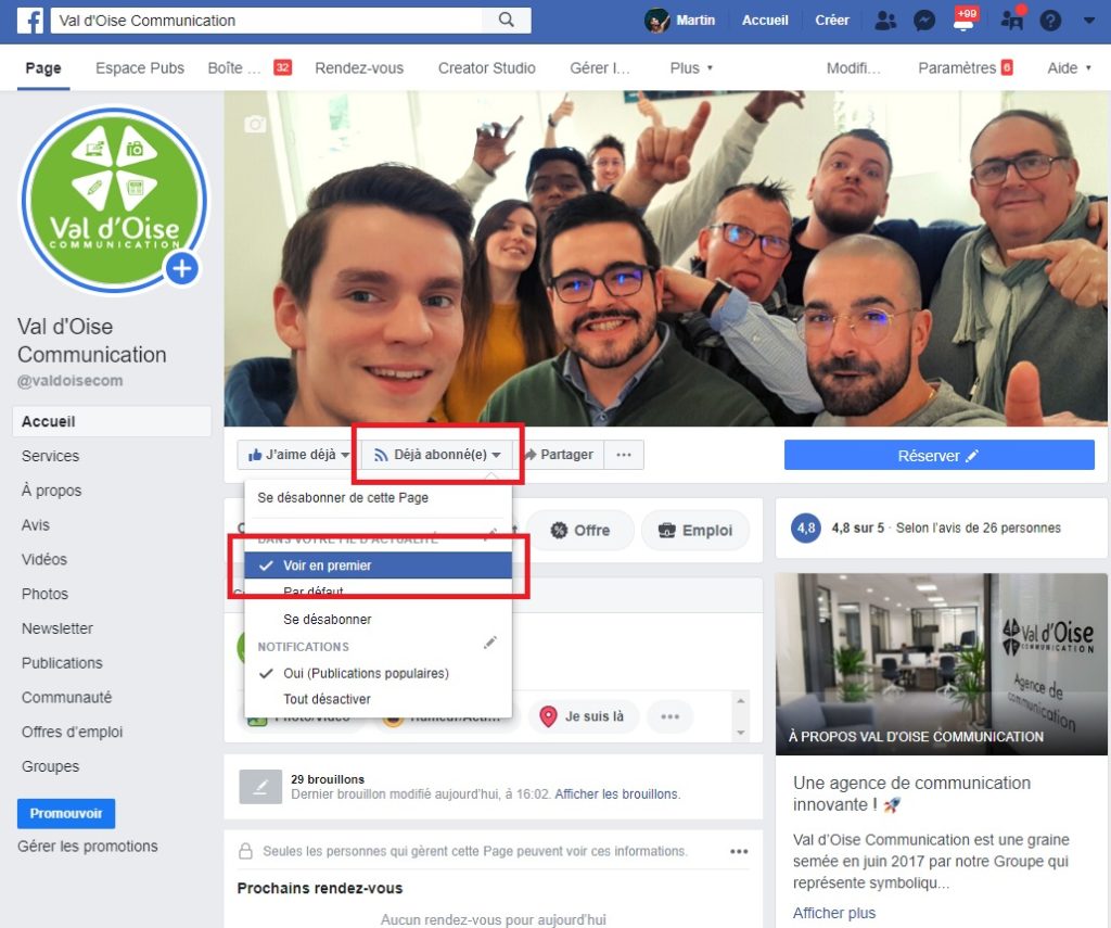 Tuto "voir en premier" sur la page Facebook de Val d'Oise Communication