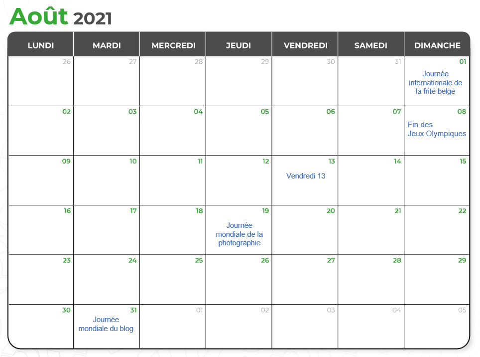 Calendrier marketing août 2021 par Val d'Oise Communication