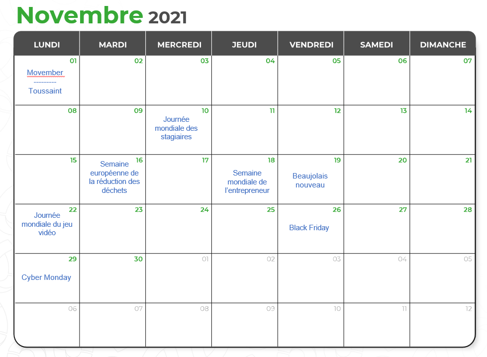 Calendrier marketing novembre 2021 par Val d'Oise Communication